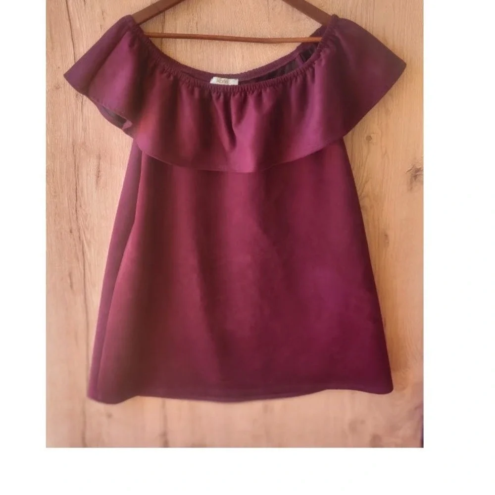 Karlie Burgundy Off The Shoulder faux suede Ruffle Top Plum Wine Textured Womens
